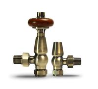 VANCOCO Traditional Angled Radiator Valves 1/2"×15mm, Brass Thermostatic Radiator Valve, Cast Iron Antique Thermostat Radiator Thermostat TRV Pair with Solid Wood Handwheel (Antique Brass)
