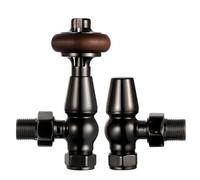 VANCOCO Traditional Angled Radiator Valves 1/2"×15mm, Brass Thermostatic Radiator Valve, Cast Iron Antique Thermostat Radiator Thermostat TRV Pair with Solid Wood Handwheel (Black Nickel)