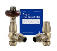 VANCOCO Traditional Antique Brass Angled Radiator Valve & Lockshield 1/2"×15mm, Thermostatic TRV Pair for Cast Iron or Modern Radiators with Solid Wood Handwheel