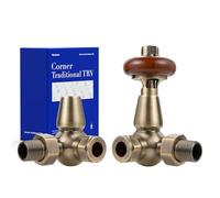 VANCOCO Traditional Antique Brass Corner Radiator Valve & Lockshield 1/2"×15mm, Thermostatic TRV Pair for Cast Iron or Modern Radiators with Solid Wood Handwheel