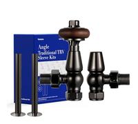 VANCOCO Traditional Black Nickel Angled Radiator Valves 1/2"×15mm + 130mm×15mm Radiator Pipe, Brass Thermostatic Radiator Valve, Cast Iron Antique Thermostat TRV Pair with Solid Wood Handwheel