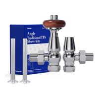 VANCOCO Traditional Chrome Angled Radiator Valves 1/2"×15mm + 130mm×15mm Radiator Pipe, Brass Thermostatic Radiator Valve, Cast Iron Antique Thermostat TRV Pair with Solid Wood Handwheel