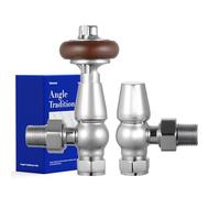 VANCOCO Traditional Chrome Angled Radiator Valves 1/2"×15mm, Brass Thermostatic Radiator Valve, Cast Iron Antique Thermostat Radiator Thermostat TRV Pair with Solid Wood Handwheel