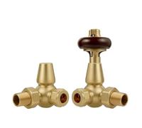 VANCOCO Traditional Corner Brass Radiator Valves 1/2"×15mm, Thermostatic Radiator Valve with Cast Iron Antique Thermostat and Solid Wood Handwheel in Brushed Gold