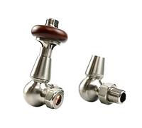 VANCOCO Traditional Corner Radiator Valves 1/2"×15mm, Brass Thermostatic Radiator Valve, Cast Iron Antique Thermostat Radiator Thermostat TRV Pair with Solid Wood Handwheel (Satin Nickel)