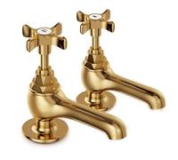 VANCOCO Traditional Gold Brass Basin Taps Pair 1/2 Inch, Victorian Style Hot Cold Cross Lever, Polished Chrome Pillar Bathroom Sink Faucet Set of 2