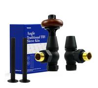 VANCOCO Traditional Matte Black Angled Radiator Valves 1/2"×15mm + 130mm×15mm Radiator Pipe, Brass Thermostatic Radiator Valve, Cast Iron Antique Thermostat TRV Pair with Solid Wood Handwheel