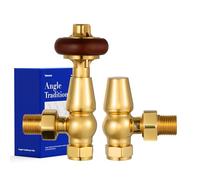 VANCOCO Traditional Polished Brass Angled Radiator Valve & Lockshield 1/2"×15mm, Thermostatic TRV Pair for Cast Iron or Modern Radiators with Solid Wood Handwheel