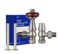 VANCOCO Traditional Satin Nickel Angled Radiator Valves 1/2"×15mm + 130mm×15mm Radiator Pipe, Brass Thermostatic Radiator Valve, Cast Iron Antique Thermostat TRV Pair with Solid Wood Handwheel