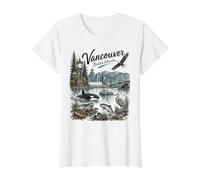 Vancouver BC Nature Scene Mountains Orca Eagle Seal Value Graphic T-Shirt, Women, White, XL