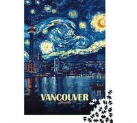 Vancouver Canada Starry Night Art 1000-Piece Puzzle for Adults, 38x26cm/1000pcs, to Complete Gradually over A Weekend; White Card Pieces for A Neat Table