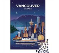 Vancouver Cityscape at Night Adult Paper Puzzle, Vintage Architecture Destination, Premium Paper Puzzle for Puzzle Lovers, Weekend Hobby, 38x26cm/1000pcs
