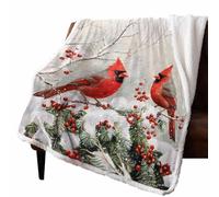 Vandarllin Christmas Throw Blanket Cardinals Birds Thick Warm Winter Blanket Pine Tree Red Berry Christmas Blanket Sherpa Fleece Blanket for Bed Sofa Couch Chair, 50 x 60 Inches
