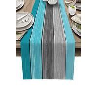 Vandarllin Farmhouse Cotton Linen Table Runner Dresser Scarf Retro Rustic Barn Wood Texture Ombre Aqua Blue Gray Non-Slip Rectangle Settings Decoration for Kitchen Home Dining Holiday,90 inches Long