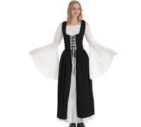 Vanderdyken 7 PCS Renaissance Dresses for Women Medieval Costume with Elf Ears, Necklace, Leather Belt, and Flower Crown (Black+White, Small/Medium)