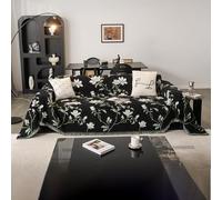 VanderHOME Chenille Sofa Throws Magnolia Pattern Sofa Throw Blanket with Tassels Breathable Versatile Throws for Sofas Large Throws for Sofa Bed and Livingroom 180 * 480cm-Black