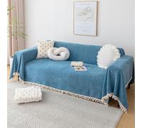 VanderHOME Sofa Blanket Pure Colour - Throw for Sofa, Sofa Cover, Soft Blanket with Decorative Tassels, Breathable and Lightweight for Sofa, Bed and Travel 230 * 130cm-Blue