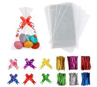 Vandicka 100PCS Clear Cellophane Bags 10x6 inch Flat Bottom Treat Bags with Twist Ties & Pull Bows for Cakes Candies Cookies Birthday Wedding Christmas Party Favours Gift Packaging