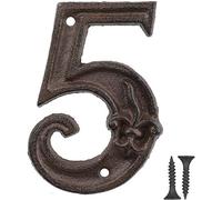 Vandicka 4.3 inch Cast Iron House Door Number 5, Rustic Address Number Sign, Mailbox Number, Antique Brown Finish with Fleur De Lis Embossed, Matching Screws Included