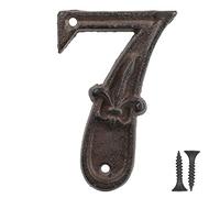 Vandicka 4.4 inch Cast Iron House & Door Number 7, Rustic Address Number Sign, Mailbox Number, Antique Brown Finish with Fleur De Lis Embossed, Matching Screws Included