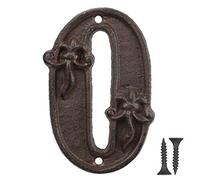 Vandicka 4.5 inch Cast Iron House & Door Number 0, Rustic Address Number Sign, Mailbox Number, Antique Brown Finish with Fleur De Lis Embossed, Matching Screws Included