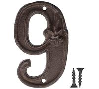 Vandicka 4.6 inch Cast Iron House & Door Number 9, Rustic Address Number Sign, Mailbox Number, Antique Brown Finish with Fleur De Lis Embossed, Matching Screws Included