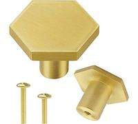 Vandicka 4 Pcs Brushed Brass Door Knobs - Gold Cabinet Knobs & Drawer Pulls - Hexagon Door Handles for Kitchen Cupboard Dresser Wardrobe, 35 * 21 mm