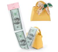 Vane Oak Money Pull Box for Cash, Surprise Money Boxes with Ribbon Leather Mini Bags with 30 Pcs Transparent Bags for Birthday Party Christmas (Yellow)