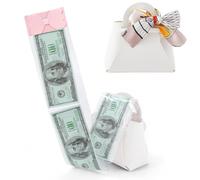 Vane Oak Money Pull Box for Cash, Surprise Money Boxes with Ribbon Leather Mini Bags with 30 Pcs Transparent Bags for Birthday Party Christmas (Pure White)