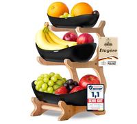 VANEJA Fruit Stand 3-Tier Black Ceramic with Bamboo Stand Serving Stand for Fruit Snacks Pastries Elegant Bowl Stand Fruit Bowl Modern for Kitchen and Living Room