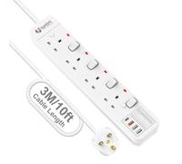 VANENIK Extension Lead 3M with 4 USB C Ports, 20W PD Fast Charging, Child Safety Shutter, Surge Protection & Fire-Resistant Housing (4 Gang)
