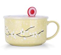 VanEnjoy 30oz Ceramic Bowl Set with Lid & Handle,Cherry Blossoms Among Snow Flake Pattern,Microwave for Instant Noodle Sara, Cereal Bowl (Yellow)