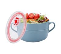 VanEnjoy 32 oz Ceramic Microwavable Soup Bowl with Lid - Large Round Soup Mug with Handle and Vented Lid for Ramen, Salad, Cereal - Dark Blue