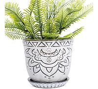 VanEnjoy 5.9 inch Round Bohemian Style Ceramic Planter, Geometry Engrave Off White Brown Succulent Planter Flower Pot, Indoor Outdoor Decorative Planter