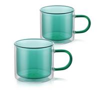 VanEnjoy Double Wall Glass Coffee Mugs, Set of 2, Green, Borosilicate Glass, Aesthetic Espresso Cups, 10oz