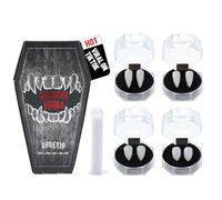 VANERIA 4 Pairs Vampire Fangs,4 Size Fangs For Cosplay Halloween with Tube Solid Adhesive,Vampire Coffin Gift Box Design,Fake Fangs Vegan/Cruelty Free