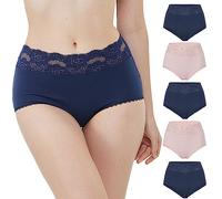 VANEVER -Lace Trim Full Briefs Underwear Women,Cotton Ladies High Rise Knickers, Breathable Soft Cotton Women Granny Panties,Pack of 5,Size20,Navy
