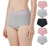 VANEVER -Lace Trim Full Briefs Underwear Women,Cotton Ladies High Rise Knickers, Breathable Soft Cotton Women Granny Panties,Pack of 5,Size20,Grey
