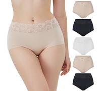 VANEVER -Lace Trim Full Briefs Underwear Women,Cotton Ladies High Rise Knickers, Breathable Soft Cotton Women Granny Panties,Pack of 5,Size20,Nude