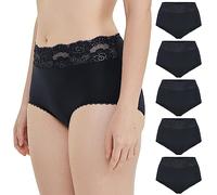 VANEVER -Lace Trim Full Briefs Underwear Women,Cotton Ladies High Rise Knickers, Breathable Soft Cotton Women Granny Panties,Pack of 5,Size12,Black