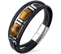 VANFORWYN Tiger Eye Bracelet Men Leather Braided Black Wristband Natural Stone Protection Stainless Steel Bangle Gifts for Him, M, Leather, no gemstone