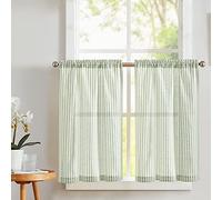 Vangao Green Stripe Linen Tiers Curtains 36 Inch Farmhouse 2 Panels | Light Filtering, Semi Sheer, for Kitchen, Living Room, Tickingstripe Drapes, Pinstripe, Window Treatments