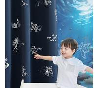 Vangao Kids Blackout Curtain Ocean Turtle Navy Blue Curtains 84 Inches Long for Boys Nursery Bedroom Silver Foil Animal Print Sea Whale Back Tab Thermal Insulated Drapes Window Treatment, 2 Panels