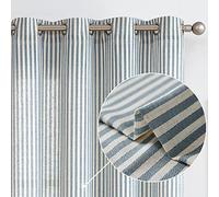 Vangao Linen Blend Stripe Curtains Tickingstripe Light Filtering Window Curtains Blue Pinstripe Printed on Beige Drapes 84 Inches Long for Living Room Bedroom Grommet Top 2 Panels