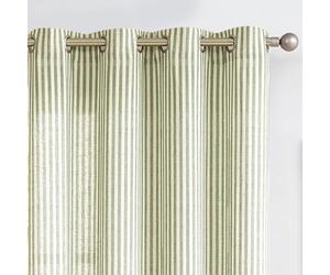Vangao Linen Blend Stripe Curtains Tickingstripe Light Filtering Window Curtains Green Pinstripe Printed on Beige Drapes 96 Inches Long for Living Room Bedroom Grommet Top 2 Panels