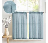 Vangao Linen Look Net Curtains Modern Kitchen Blue Bistro Curtains Set of 2 65 W x 60 cm Kitchen Curtains with Rod Pocket for Caravans Country House Style Farmhouse Curtains Short Curtain Translucent