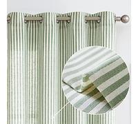 Vangao Linen Stripe Curtains Tickingstripe Light Filtering Window Curtains Green Pinstripe Printed on Beige Drapes 63 Inches Length for Living Room Bedroom Grommet Top 2 Panels