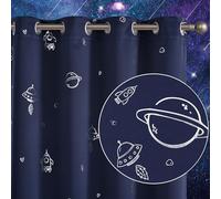 Vangao Silver Space Planets Rocketship Foil Print Grommet Top Blackout Curtains Navy Blue Thermal Insulated Blackout Shades for Boys Kid’s Room Bedroom Living Room Nursery 95 Inches Length 2 Panels