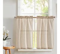 Vangao Stripe Farmhouse Kitchen Curtains 36 Inch Length Linen Blend Cafe Curtains Fall Decor Tickingstripe Tier Drapes Pinstripe Semi-Sheer Window Treatments Rod Pocket 2 Panels Taupe on Beige