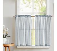 Vangao Stripe Farmhouse Kitchen Curtains 36 Inch Length Linen Blend Cafe Curtains Tickingstripe Tier Drapes Pinstripe Semi-Sheer Small Window Treatments Rod Pocket 2 Panels Blue on Beige